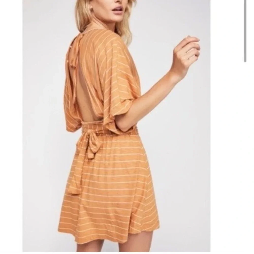 Free People‎ fp Beach paradise Striped dress XS Orange White V-Neck Cutout Back